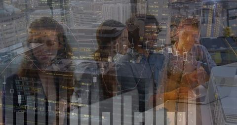 Business discussions with financial data over cityscape