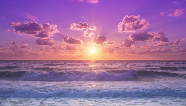 Serene Ocean Sunset with Golden Light and Cumulus Clouds