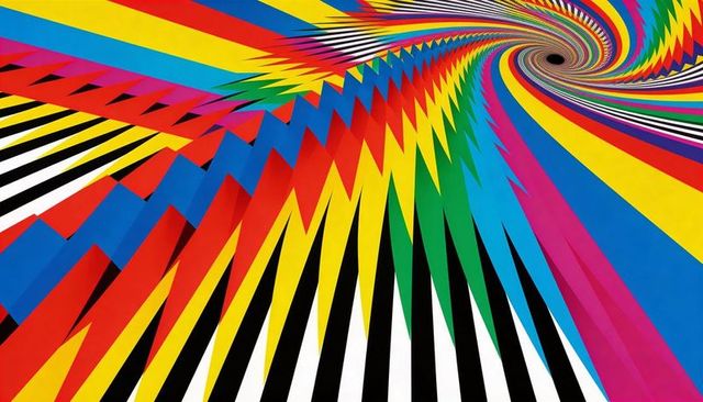 Spiraling Rainbow Chevron Vortex Pulling Eye Toward Dark Central Tunnel for Optical Design