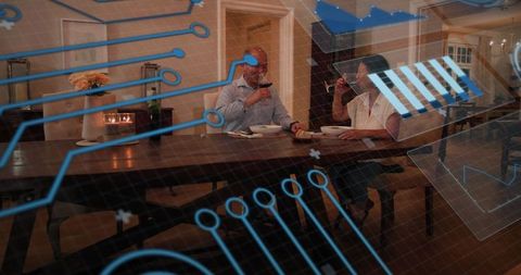 Chinese couple enjoying intimate candlelit dinner at home with holographic AR overlay