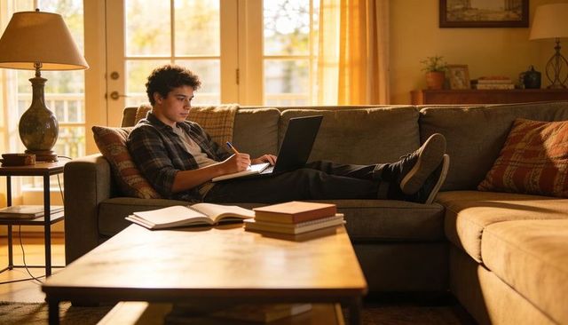 Teen studying on sofa with laptop and notebook in sunlit cozy living room
