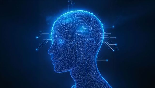 Futuristic Human Wireframe Head with Illuminated Digital Circuits