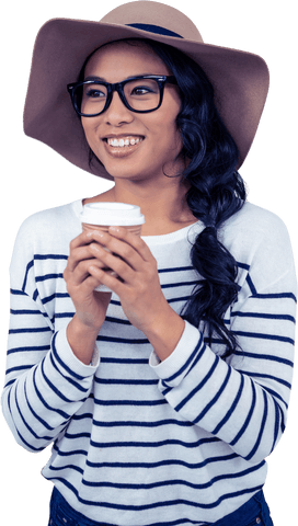 Smiling Woman in Hat and Glasses Holding Coffee Cup on Transparent Background