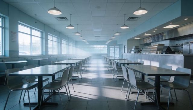 Sunlit corporate cafeteria with rows of tables and chairs leading to service counter, bright dining