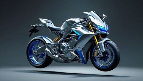 Futuristic silver-blue sport motorcycle with advanced design