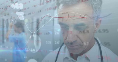 Physician reviewing healthcare data overlays in hospital with analytics visualization