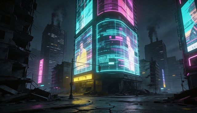 Cylinder billboard showing man in yellow jacket in dystopian neon night cityscape