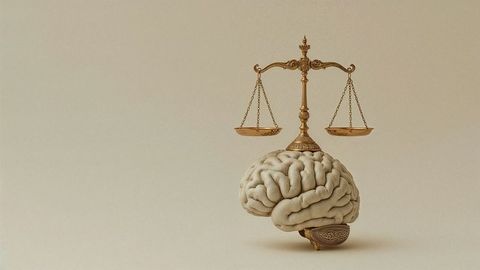 Golden scales of justice balancing on anatomical brain