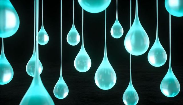 Glowing teardrop pendant lights hanging in dark gallery with teal luminescent drops