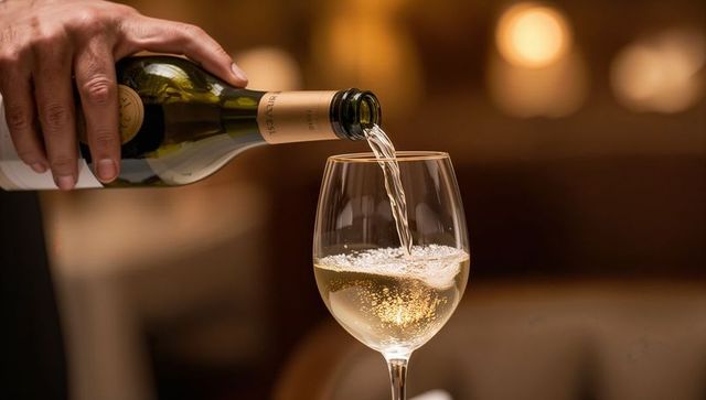 Pouring chilled white wine into crystal wineglass at candlelit restaurant by sommelier
