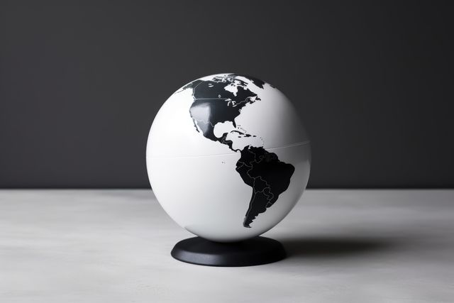 A monochrome globe on a gray background, with copy space. It symbolizes global connectivity and geographical education in a school or office setting.