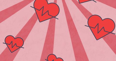 Red heart icons with cardiogram on radiant background