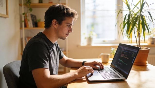 Young man typing code on laptop in sunlit minimalist home workspace with plant and mug