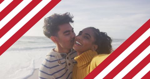 Romantic Couple Kissing on Beach with US Flag Overlay