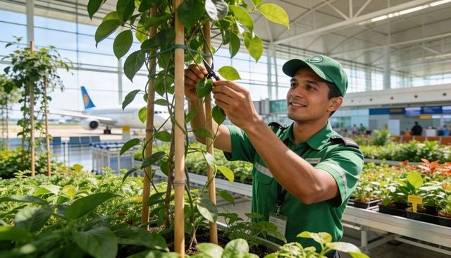 Airport gardener trimming climbing vine in terminal greenhouse in green uniform with pruning shears