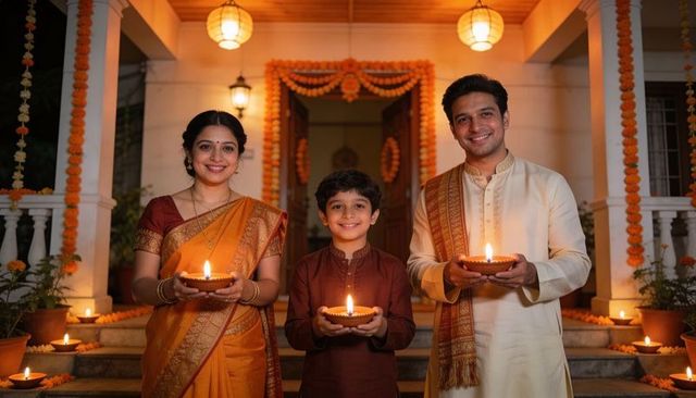 Indian family celebrating diwali holding diyas on decorated porch with marigold garlands