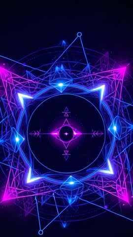 Neon Geometric Cyber Mandala Vertical Video – Rotating Pulsing Blue Ring and Magenta Nodes
