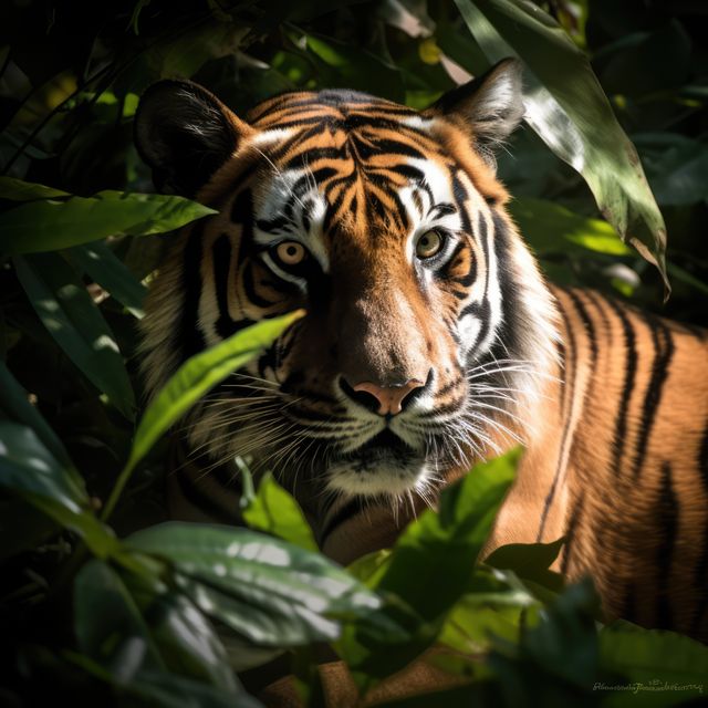 Majestic tiger with piercing eyes standing amidst lush green foliage in a dense jungle. Ideal for educational content, wildlife conservation projects, and nature-themed designs.