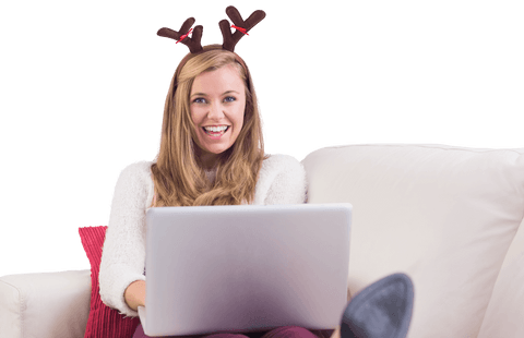 blonde woman relaxing with laptop and antlers sitting on sofa png - Download Free Stock Videos Pikwizard.com