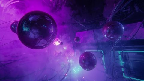Floating neon orbs in cyberpunk chamber with reflective spheres and glowing mist