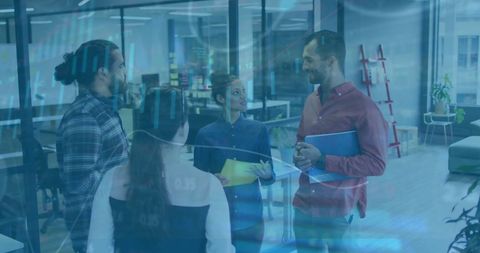 Business Team Collaborating with Digital Financial Overlay