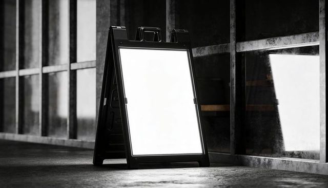 Illuminated a-frame sandwich sign standing on concrete pathway outside storefront at night
