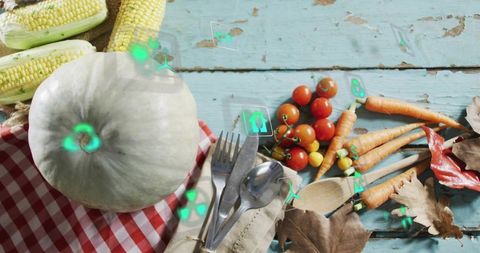 Rustic autumn harvest featuring pale white pumpkin, corn, carrots and holographic icons