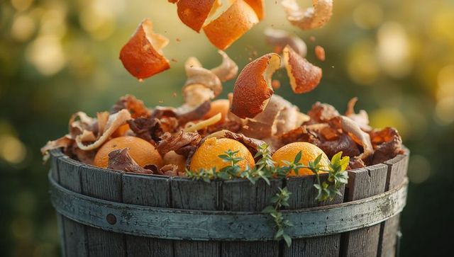Rustic barrel holding oranges with falling peels in sunlit garden