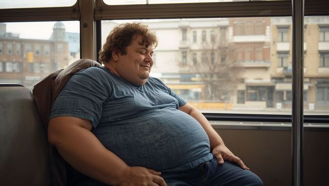 Serene heavyset commuter sitting on city bus window seat smiling, relaxed urban travel