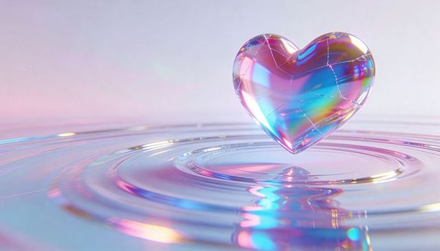 Iridescent crystal heart floating above reflective pool creating concentric ripples