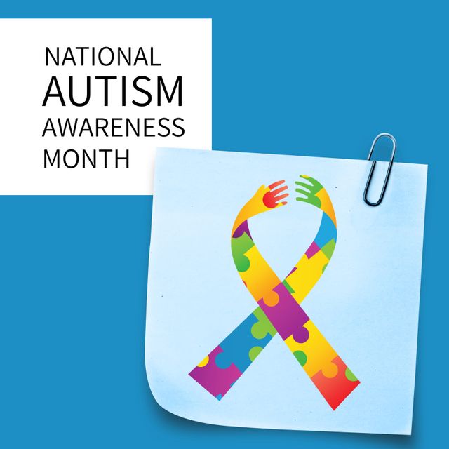 Composition of national autism awareness month text and ribbon with multi colored puzzle pieces. National autism awareness month and mental health awareness concept digitally generated image.