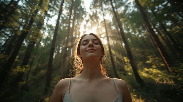 Woman Basking in Golden Sunbeams among Towering Pines, Serene Forest Mindfulness Portrait
