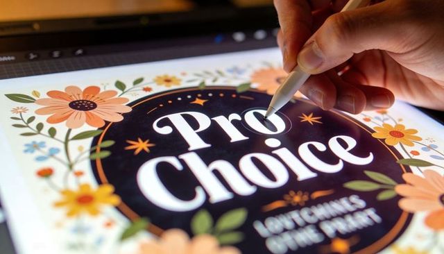 Digital stylus editing floral pro choice lettering on tablet close-up creative artwork