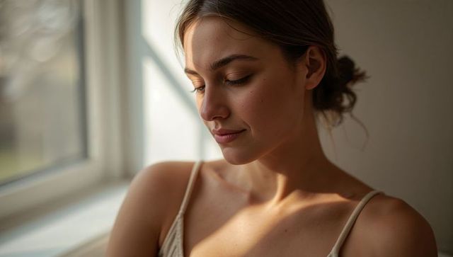 Sunlit intimate portrait of young woman gazing downward in home interior, natural light