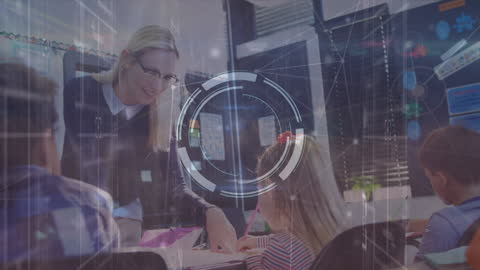 Digital Interface Overlay on Teacher Assisting Students in Classroom