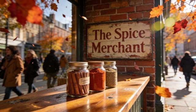 Autumn market display with spice jars on wooden counter, falling leaves and shoppers