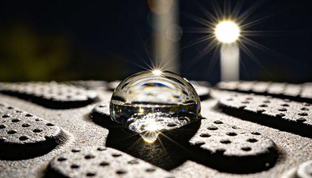 Macro water droplet refracting lamp light on textured shoe sole with starburst reflections