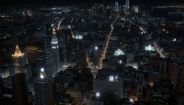 Aerial nighttime city skyline glowing with rooftop red crosses along illuminated avenue