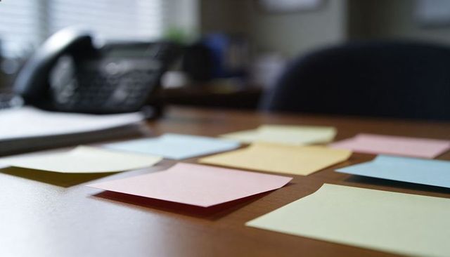 Pastel Sticky Notes on Wood Desk Near Office Phone and Blinds for Planning and Workflow