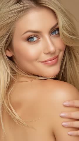 Model turning toward camera opening eyes smiling while showcasing gold ring in vertical beauty video