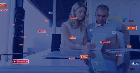 this vibrant depiction of colleagues engaging with digital connections against a social media-saturated background is ideal for themes of modern business operations, tech-savvy workplaces, and digital networking. use images like this to showcase articles on social media strategies, communication tools, or diverse team environments. applicable for company presentations, blogs focused on technology integration, or advertising material related to modern business solutions.