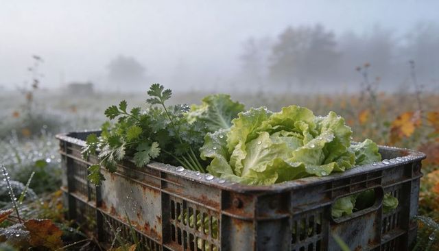 Morning dew on fresh lettuce and cilantro in rustic harvest crate on foggy field