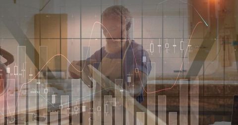 Carpenter Smoothing Wood with Overlaid Financial Charts