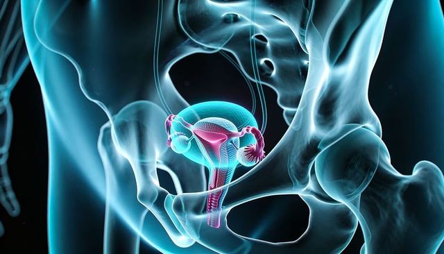 Translucent female pelvis revealing uterus, ovaries, fallopian tubes and cervix
