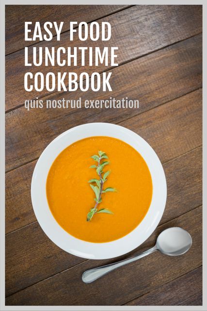 Easy Food Lunchtime Cookbook on Wooden Table with Pumpkin Soup - Download Free Stock Templates Pikwizard.com