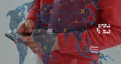 Man holding smartphone displaying holographic world map with icons for global connectivity