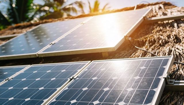 Sunlit Solar Panel Array on Thatched Roof Generating Clean Energy in Tropical Landscape