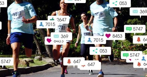Team sprinting with social media notification overlays on sunlit park running trail