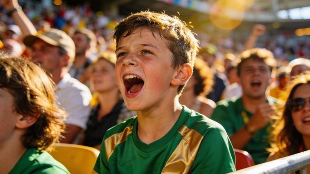 Young boy cheering loudly in green and gold jersey at sunlit packed stadium crowd moment