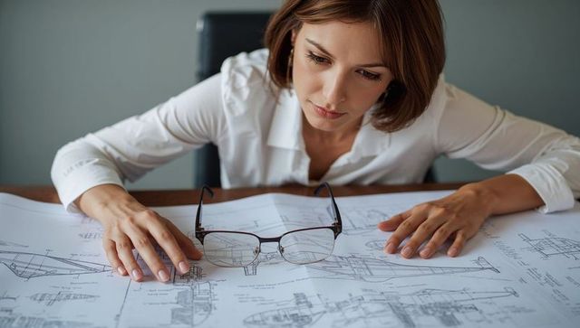 Focused Female Architect Reviewing Blueprints at Desk